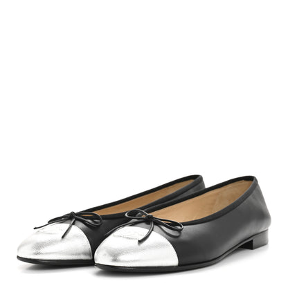 Chanel Calfskin Metallic Goatskin CC Cap Toe Ballerina Flats 40 Black Silver 4 of 10