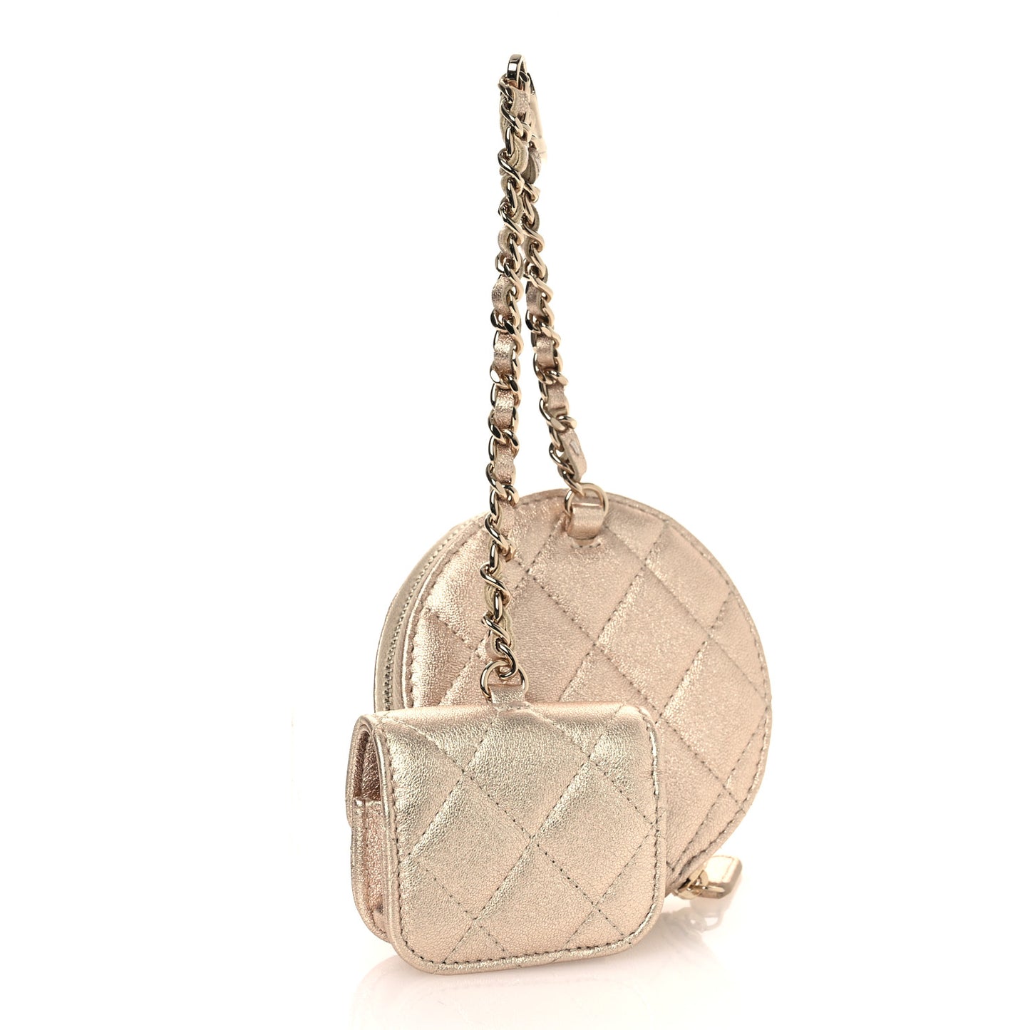 Metallic Lambskin Quilted Round Clip On Coin Purse Airpods Case Gold