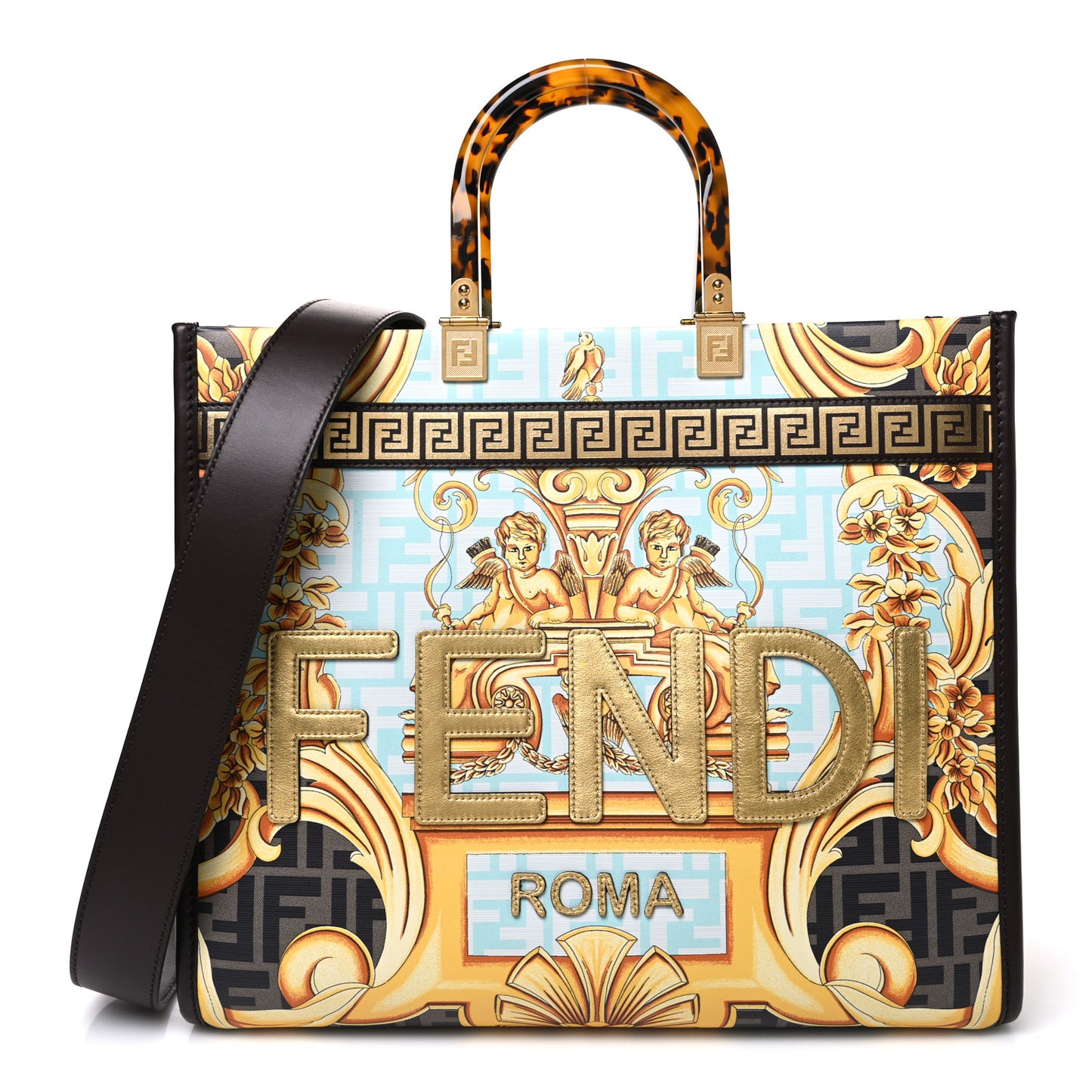 X VERSACE Calfskin Plexiglass Fendace FF Baroque Print Medium Fendi Sunshine Shopper Tote Gold Multicolor
