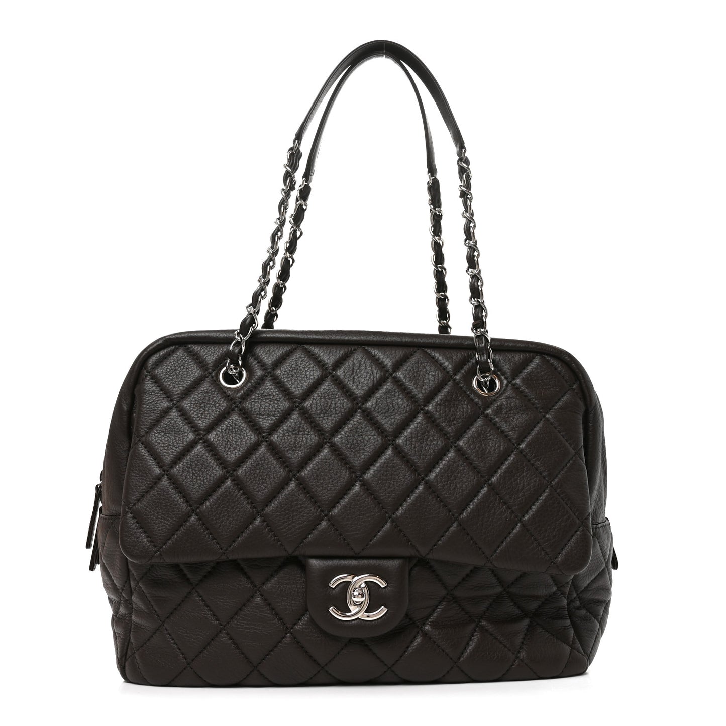 Lambskin Quilted Travel Flap Tote Dark Brown