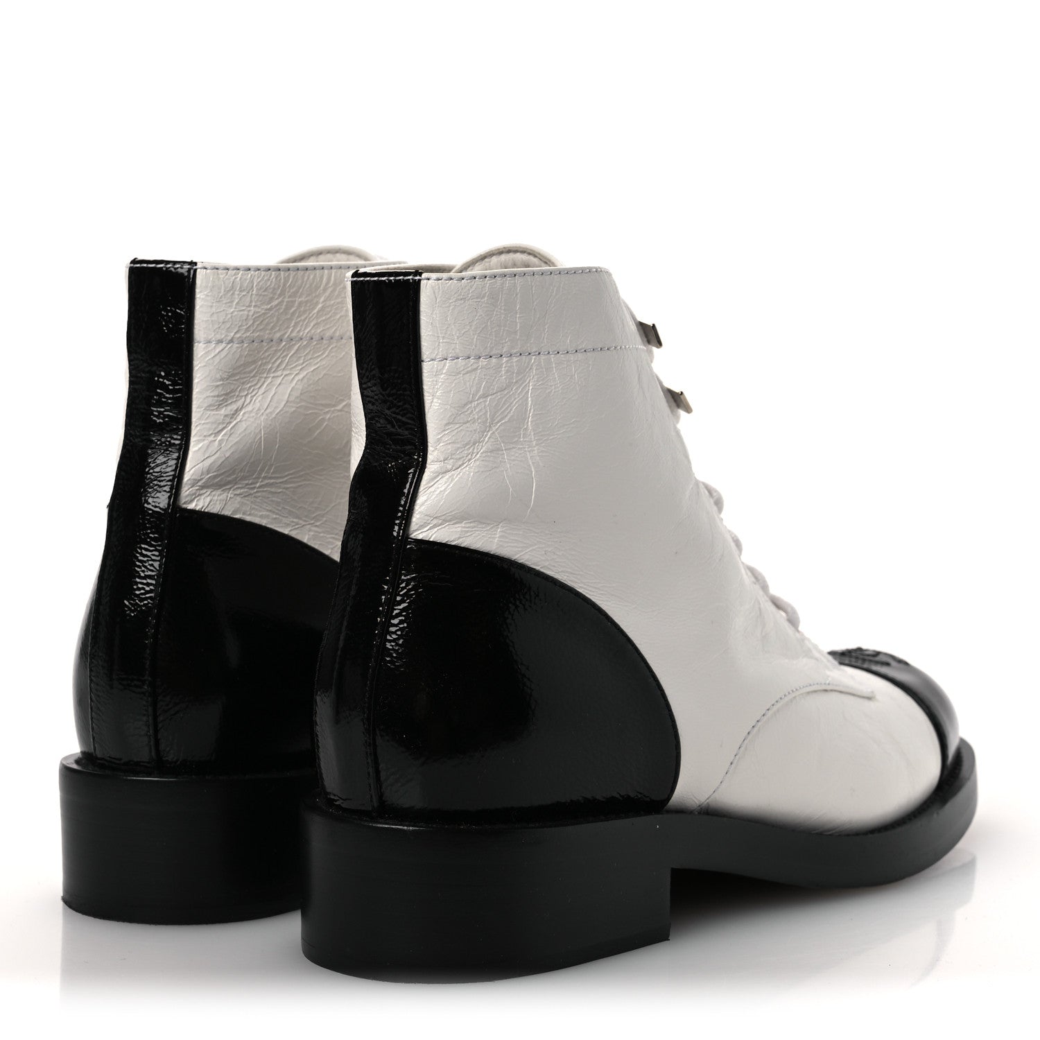 Chanel Distressed Patent Cap Toe Combat Boots 38 White Black 5 of 12