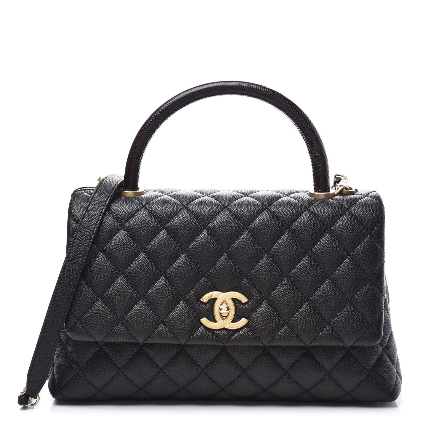 Caviar Lizard Embossed Quilted Small Coco Handle Flap Black