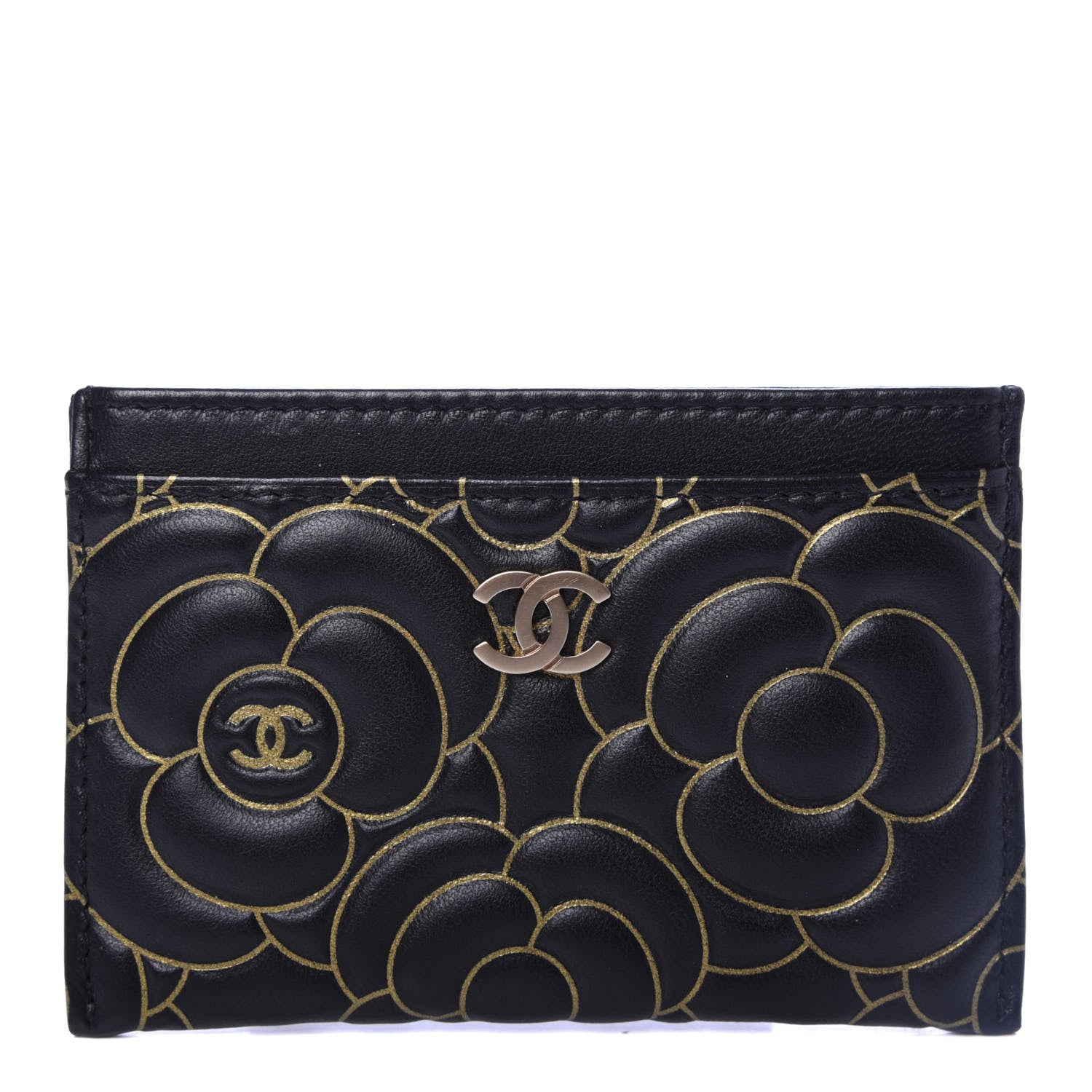 Chanel Lambskin Camellia Embossed Card Holder Black Gold 1 of 9
