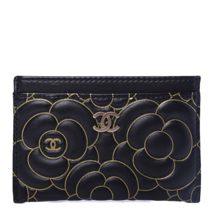 Chanel Lambskin Camellia Embossed Card Holder Black Gold 1 of 9