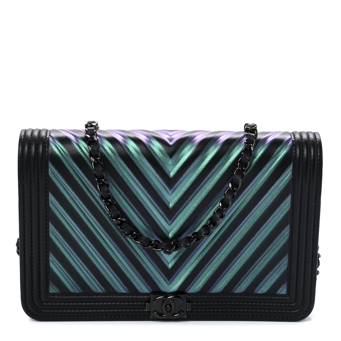 Calfskin Painted Chevron Embossed Boy Wallet On Chain WOC Black