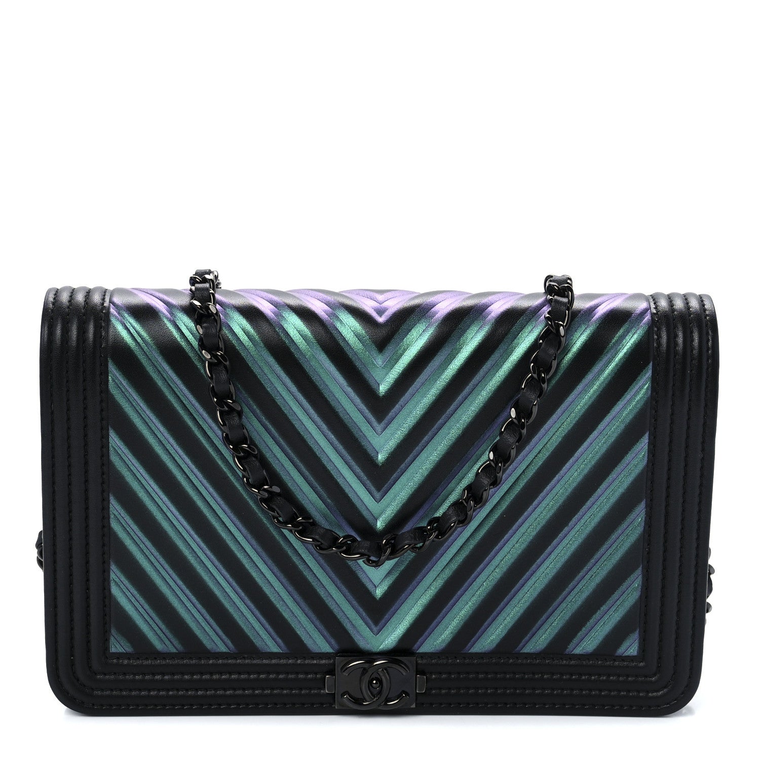 Chanel Calfskin Painted Chevron Embossed Boy Wallet On Chain WOC Black 1 of 12