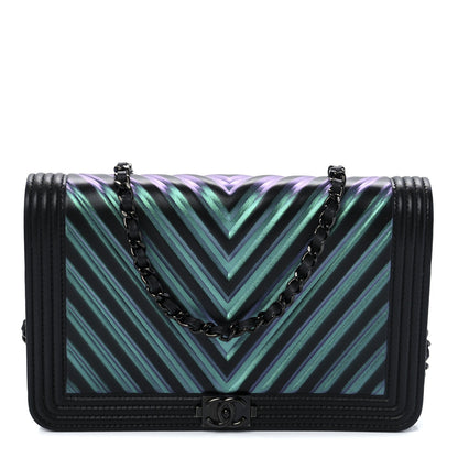 Chanel Calfskin Painted Chevron Embossed Boy Wallet On Chain WOC Black 1 of 12