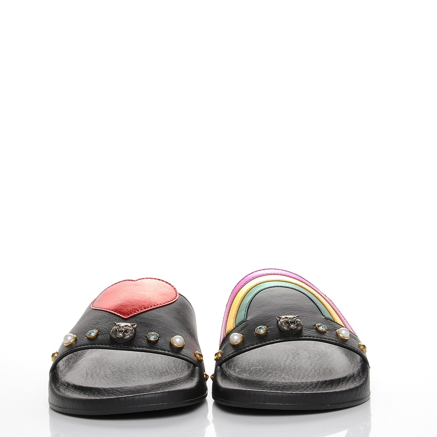 Calfskin Rainbow Heart Pursuit Slide Sandals 40 Black