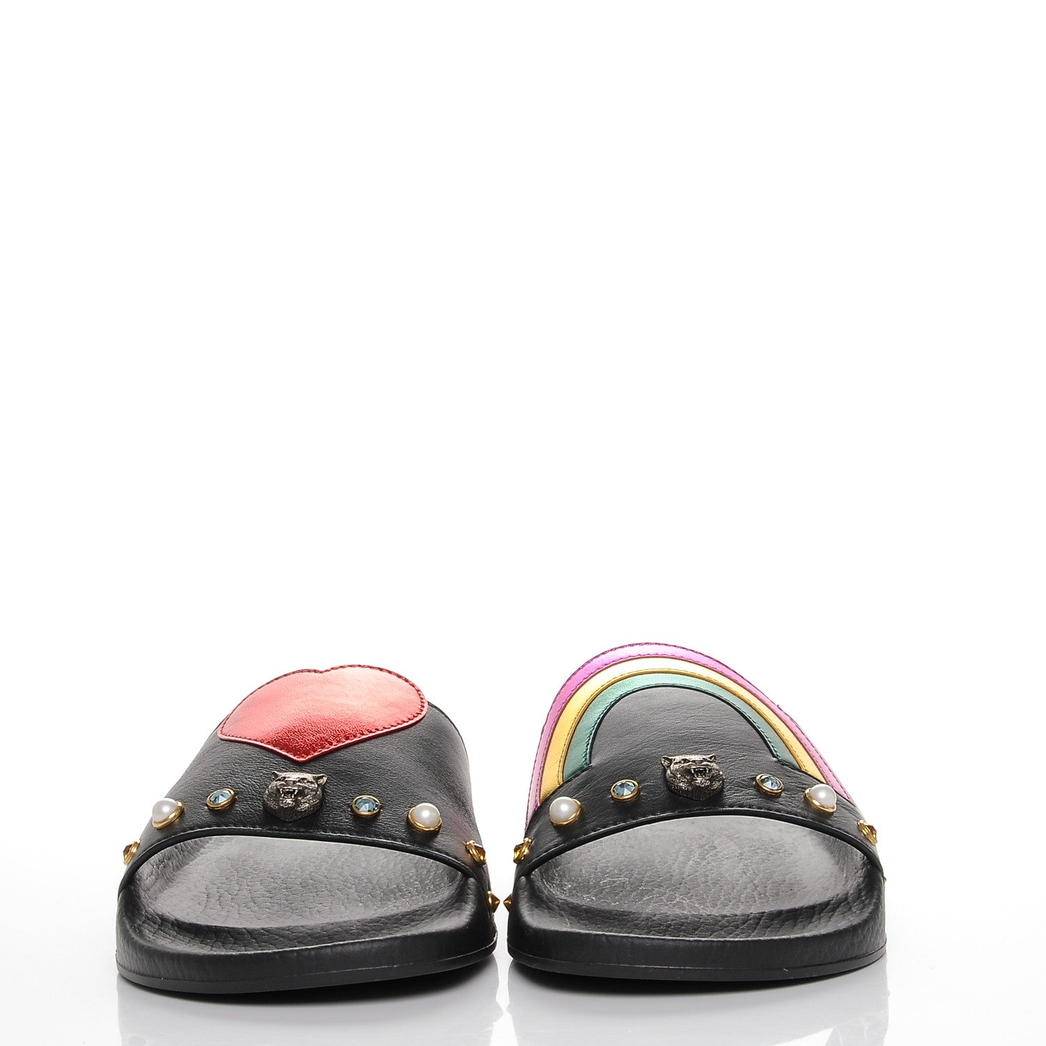 Gucci Calfskin Rainbow Heart Pursuit Slide Sandals 40 Black 2 of 7