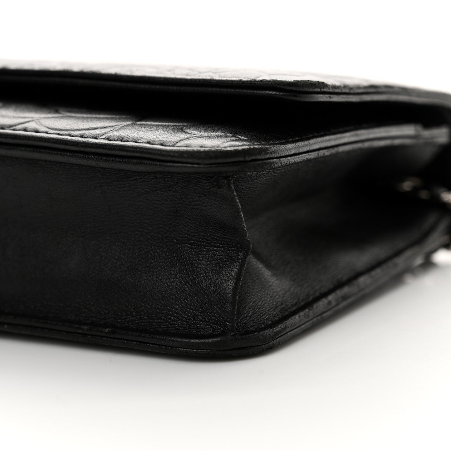 Lambskin Camellia Embossed Wallet on Chain WOC Black