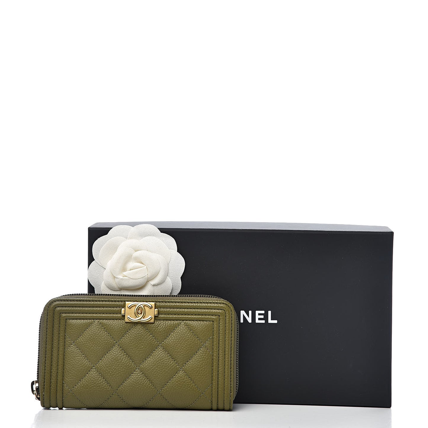 Caviar Quilted Boy Small Zip Around Wallet Khaki