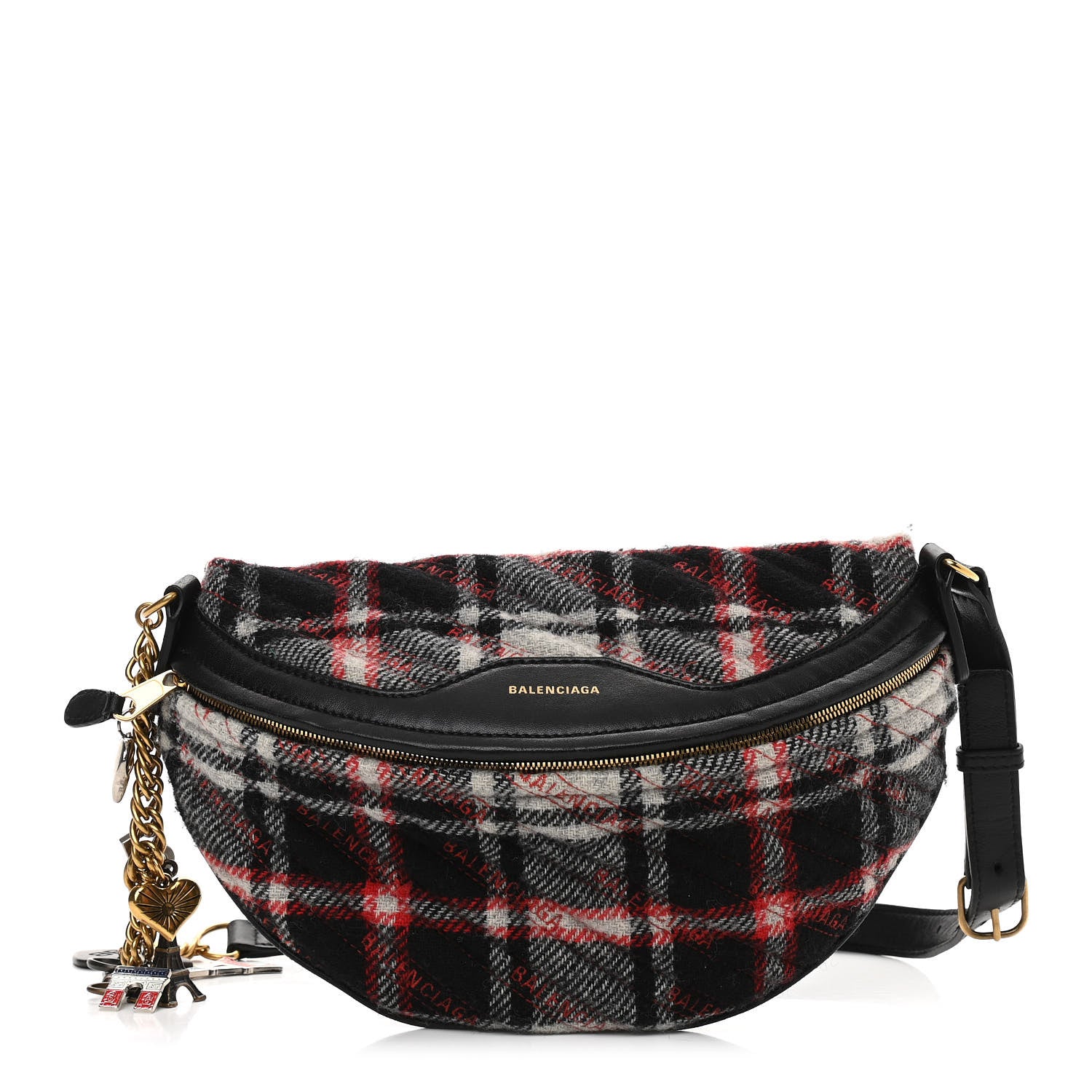 Balenciaga Wool Plaid Diagonal Allover Logo Matelasse XS Souvenir Belt Bag Black White Red 1 of 12