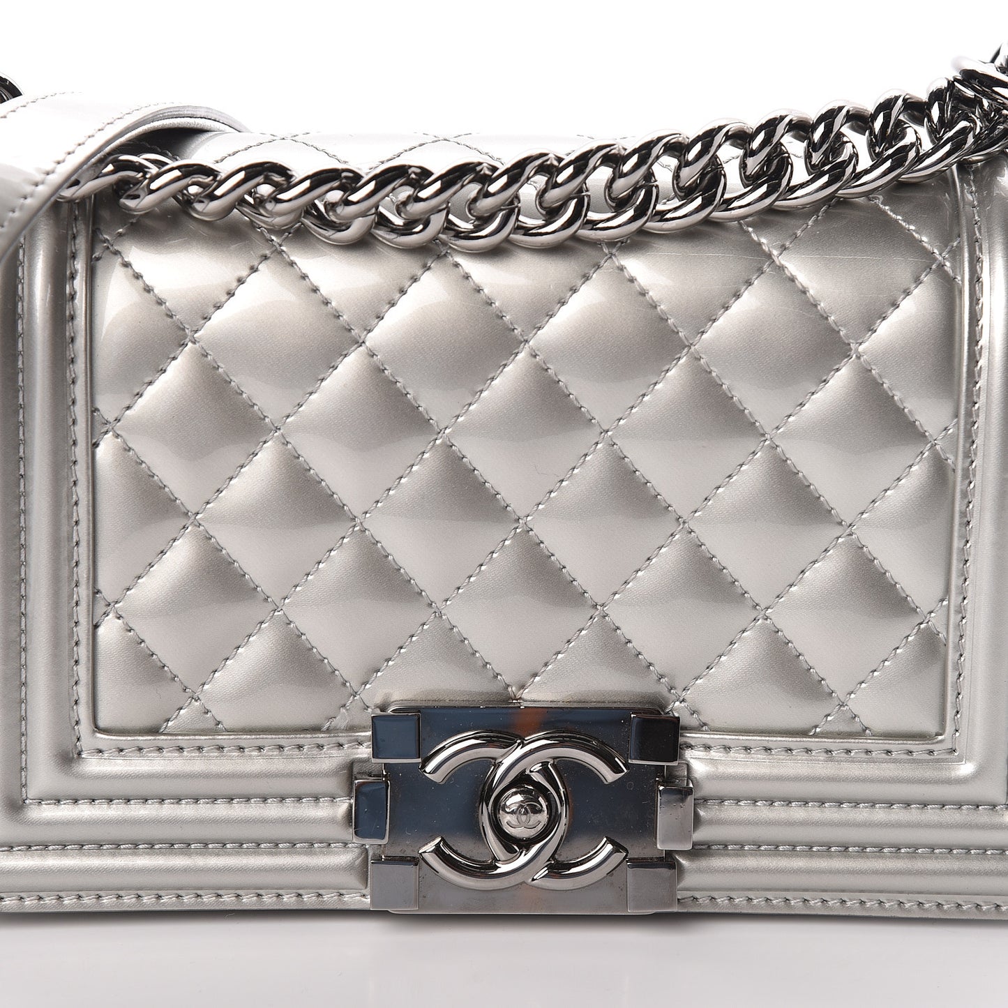 Metallic Patent Calfskin Quilted Small Boy Flap Silver