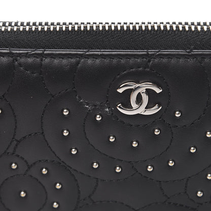 Chanel Lambskin Camellia Studded Large Gusset Zip Around Wallet Black 9 of 12