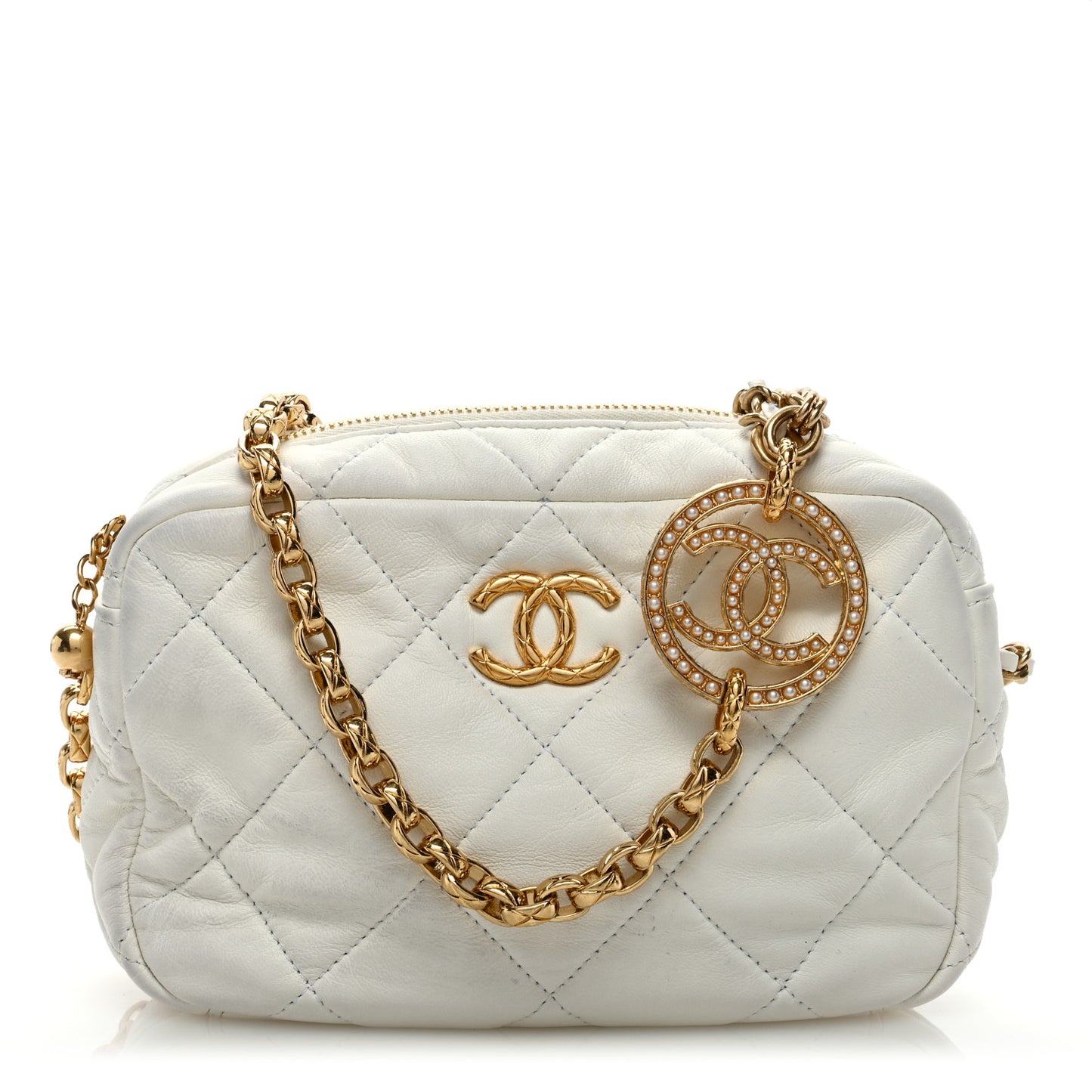 Lambskin Pearl Quilted CC Mini Camera Case White