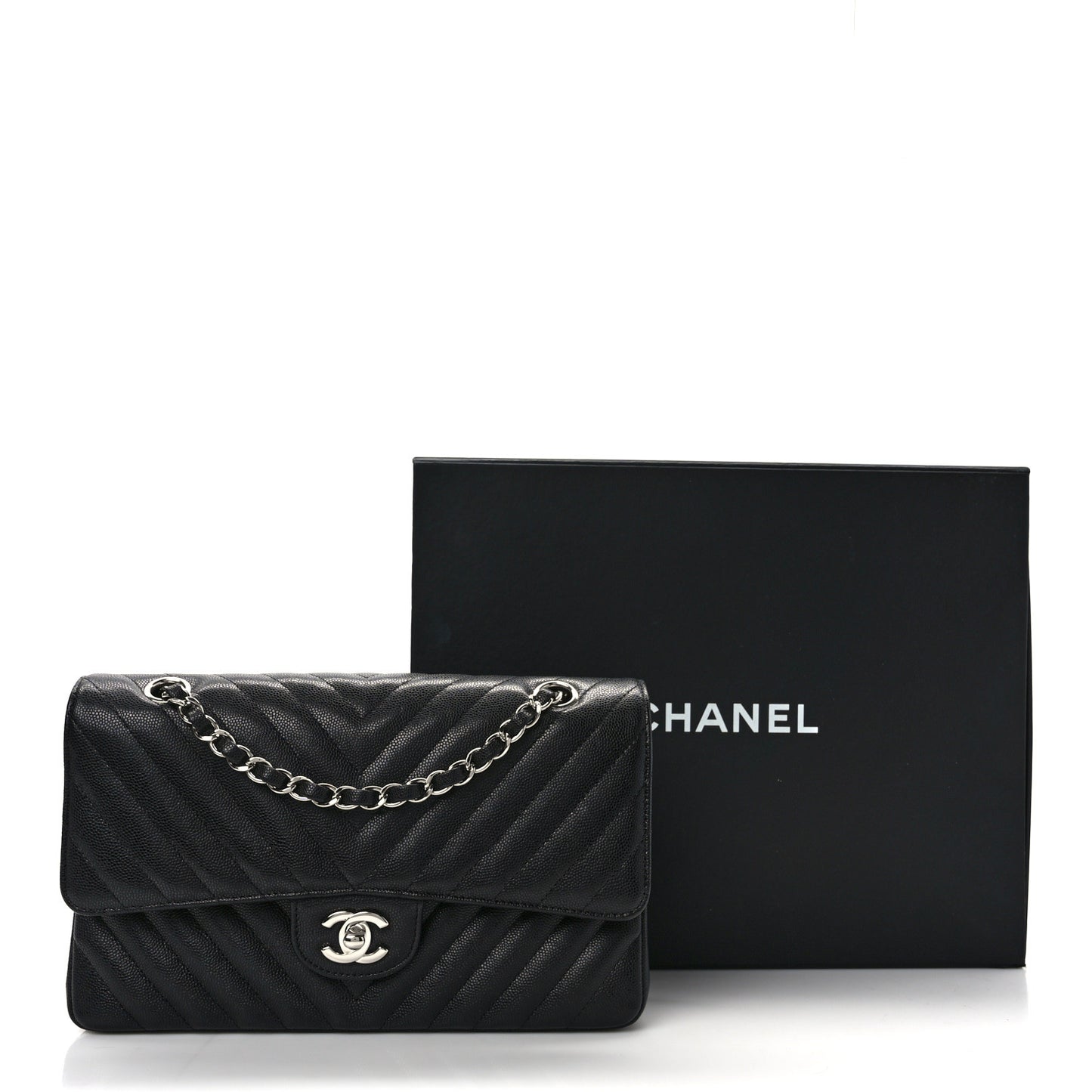 Caviar Chevron Quilted Medium Double Flap Black