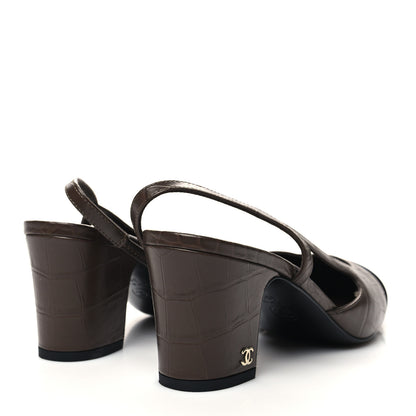 Chanel Calfskin Crocodile Embossed Patent Cap Toe CC Slingback Pumps 39.5 Chocolate Black 4 of 8