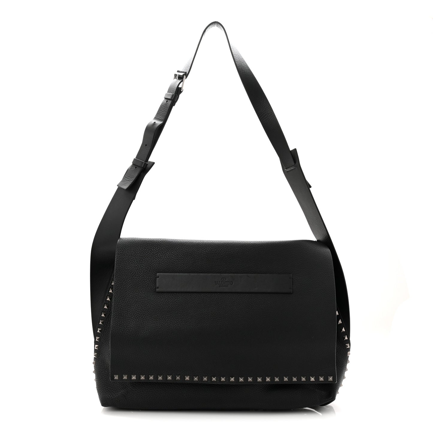 Pebbled Calfskin Rockstud Messenger Black