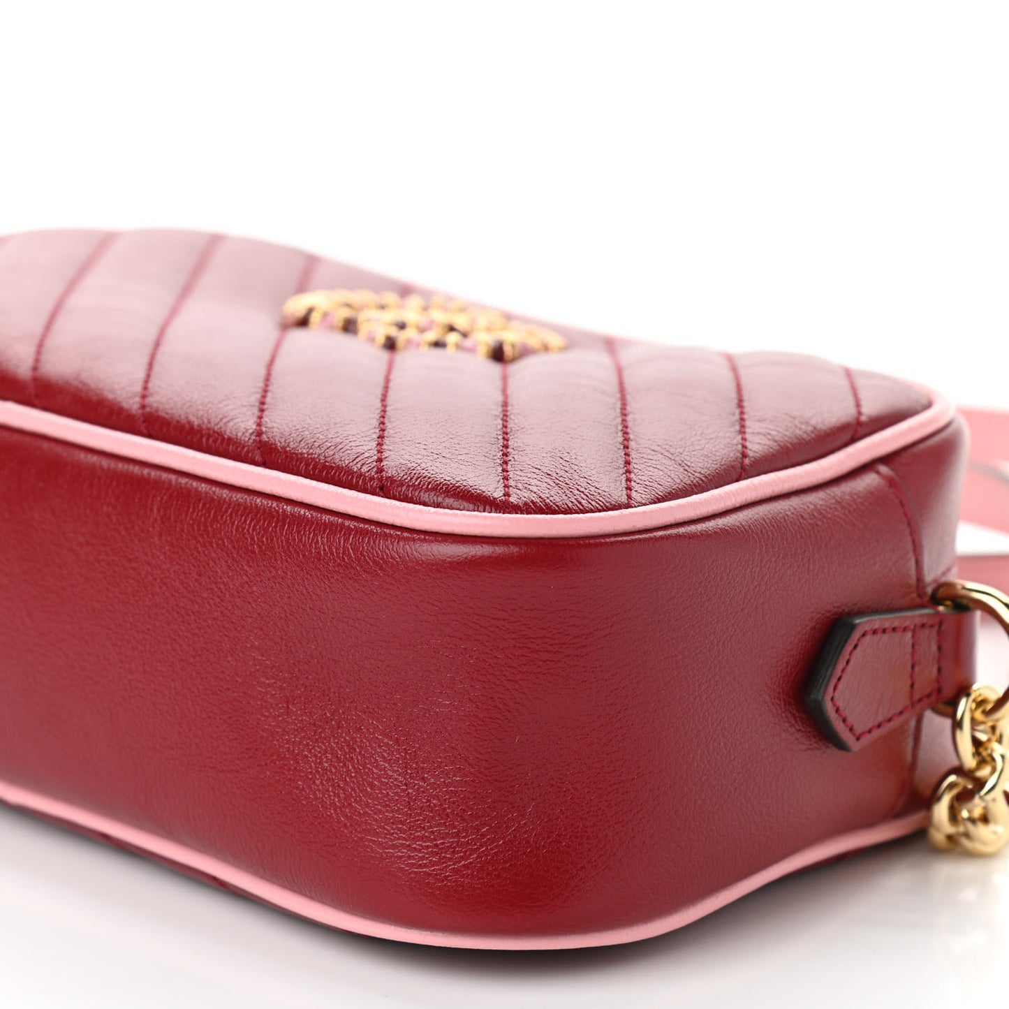 Azalea Calfskin Enamel Matelasse Diagonal Small Torchon GG Marmont Chain Shoulder Bag New Cherry Red Wild Rose