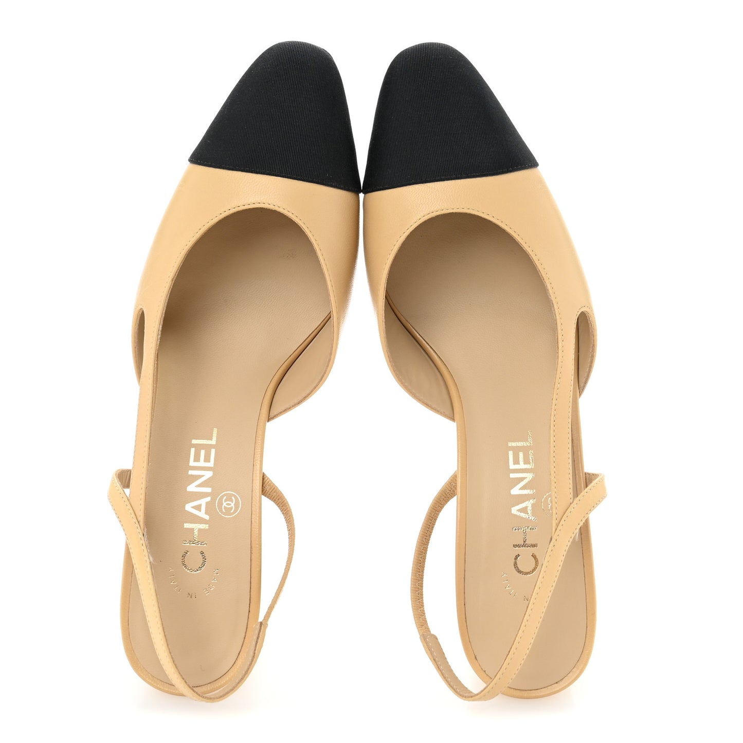 Goatskin Grosgrain Cap Toe CC Slingback Pumps 38 Beige Black