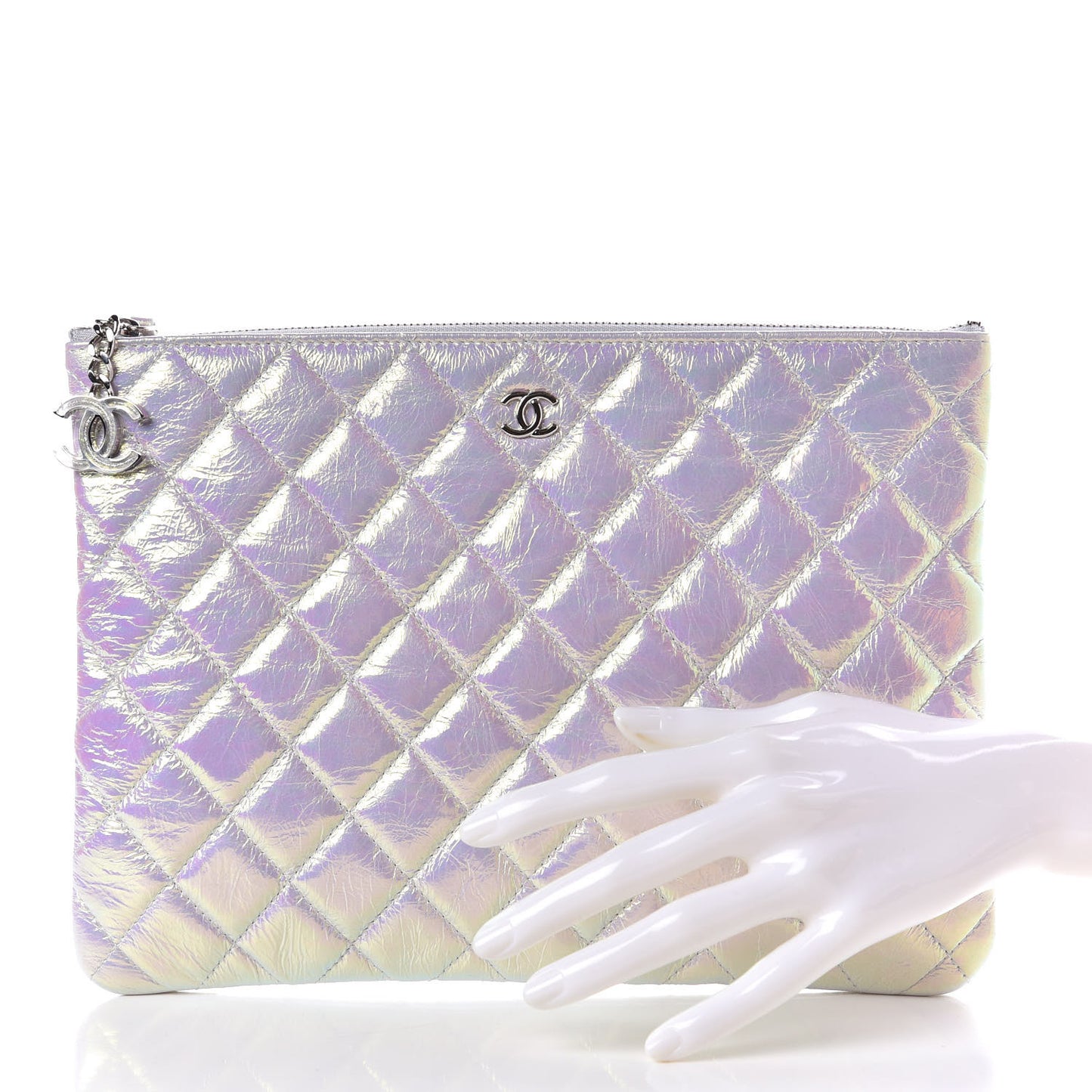 Iridescent Crumpled Calfskin Medium Cosmetic Case White