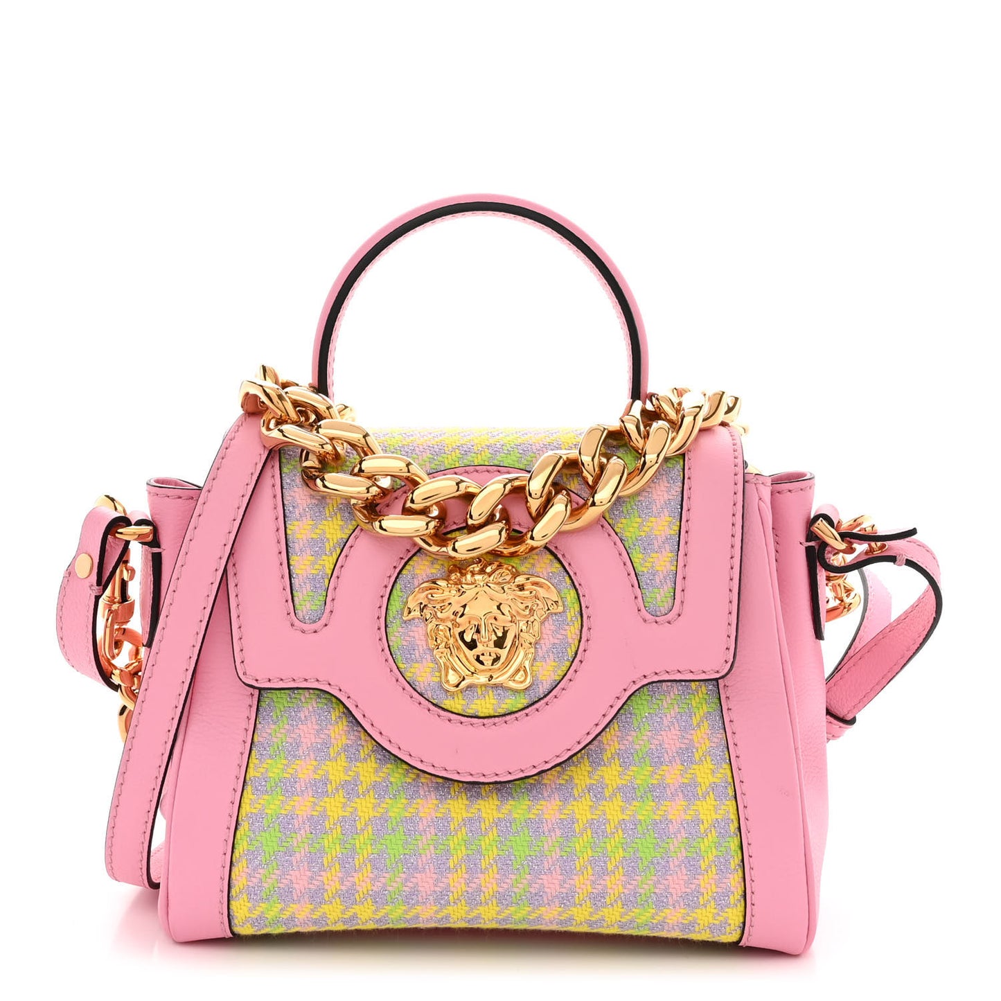 Grained Calfskin Canvas Houndstooth Small La Medusa Top Handle Bag Pink Multicolor