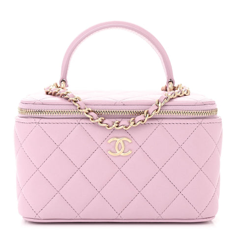 Lambskin Quilted Small Top Handle Vanity Case With Chain Light Pink