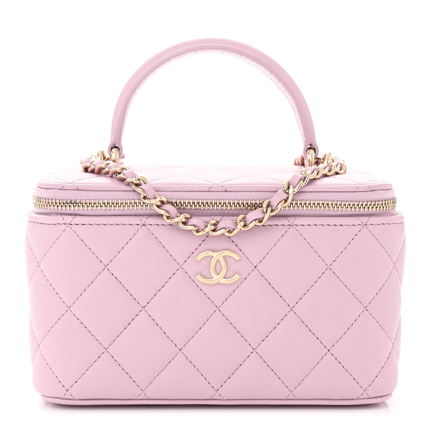 Lambskin Quilted Small Top Handle Vanity Case With Chain Light Pink