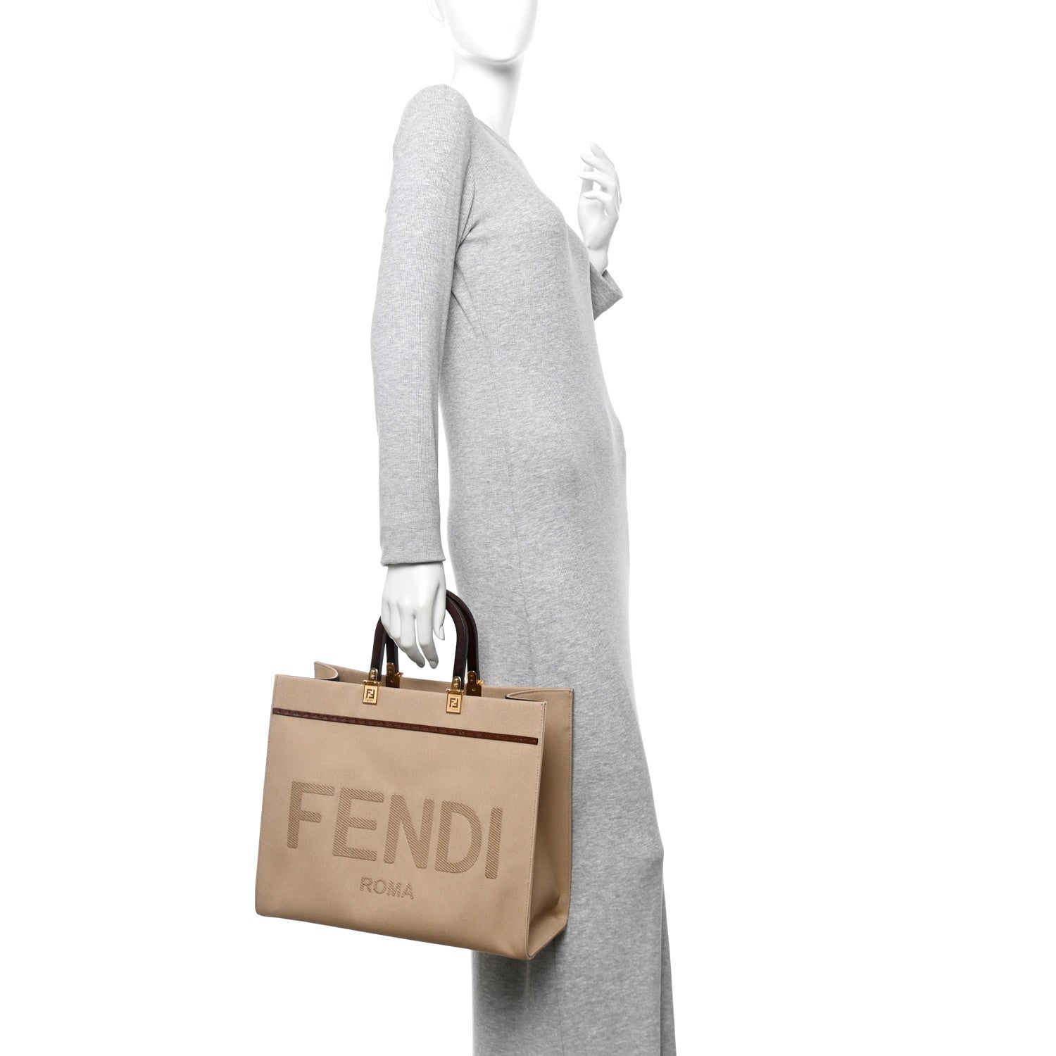 Fendi Canvas Vitello King Logo Embroidered Medium Fendi Sunshine Shopper Tote Sand Ghianda 4 of 28