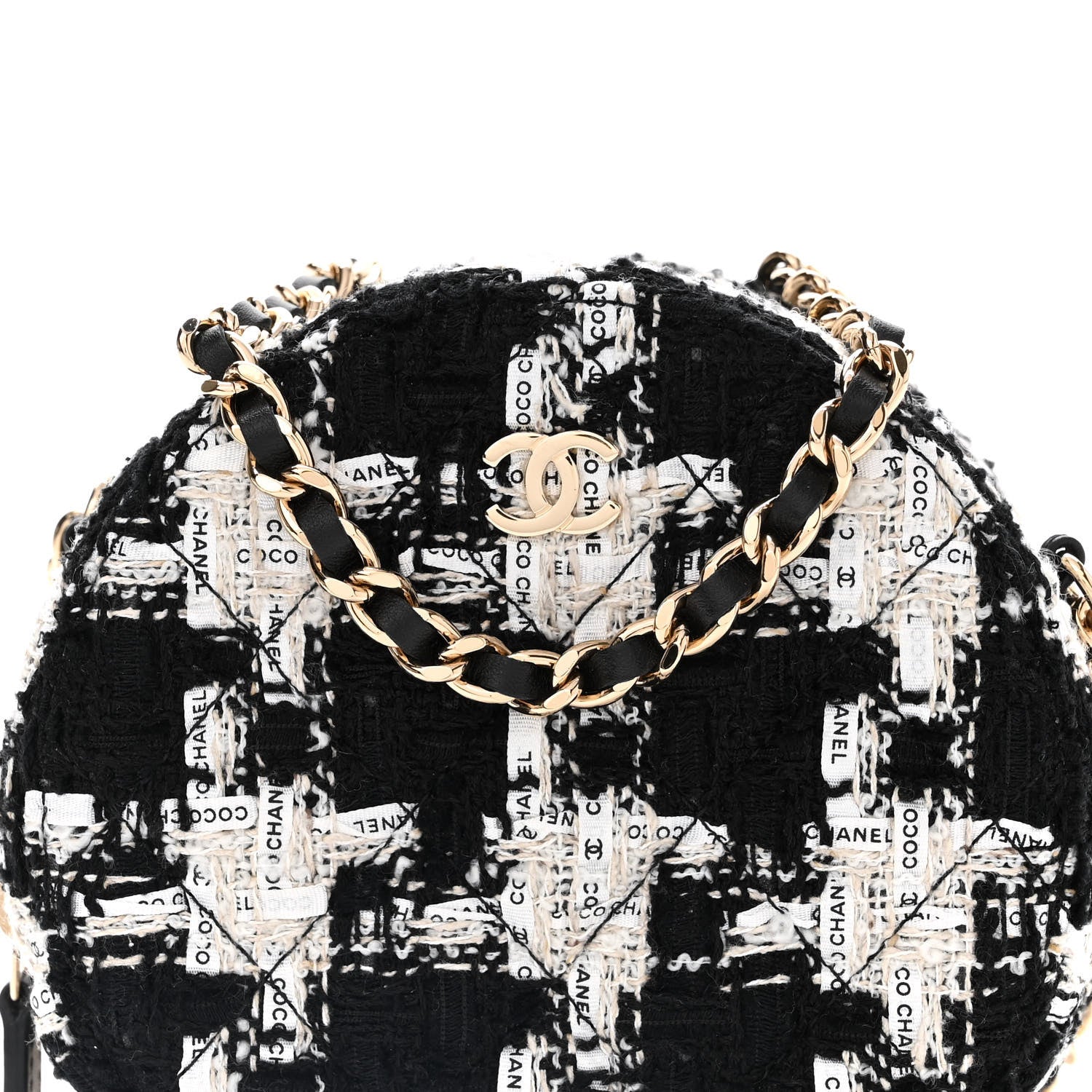 Chanel Tweed Quilted Round Clutch With Chain Black Ecru White 9 of 11
