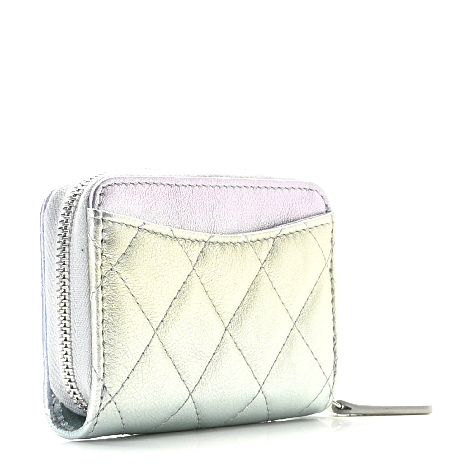Chanel Gradient Metallic Calfskin Quilted Zip Around Coin Purse Wallet Silver Blue Yellow Purple 2 of 10