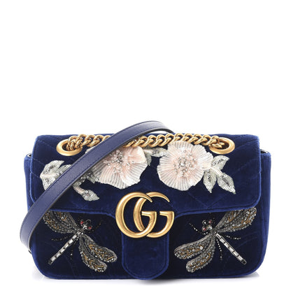 Gucci Velvet Matelasse Embroidered Mini GG Marmont Shoulder Bag Cobalt Blue 1 of 11