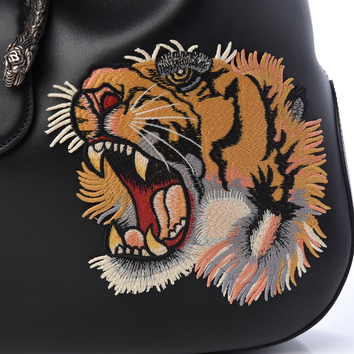 Calfskin Web Tiger Embroidered Large Dionysus Hobo Black
