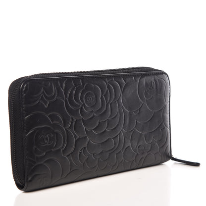 Chanel Lambskin Camellia Embossed Large Zip Around Gusset Wallet Black 3 of 9