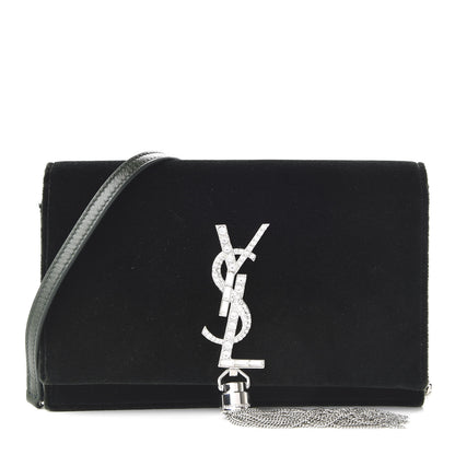 Saint Laurent Velvet Crystal Monogram Kate Tassel Chain Wallet Green 1 of 9