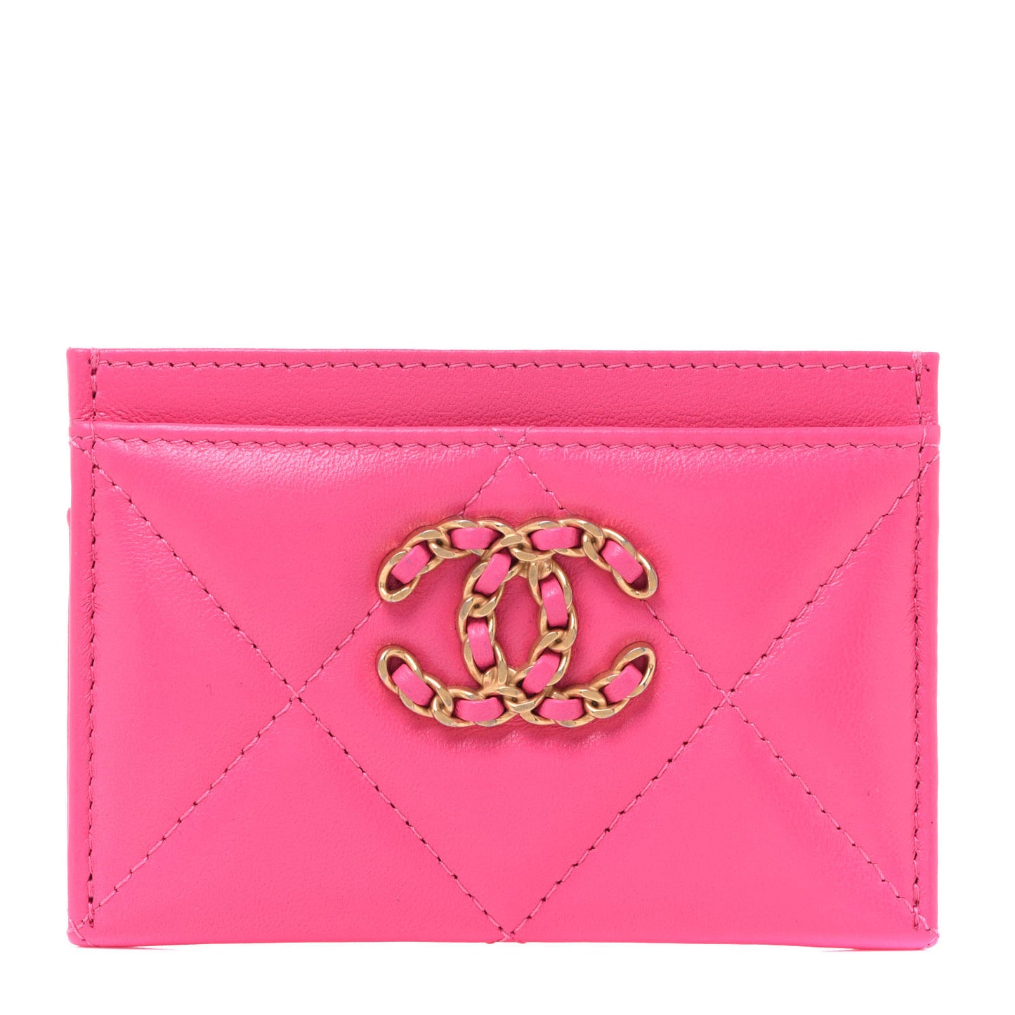 Lambskin Quilted Chanel 19 Card Holder Dark Pink