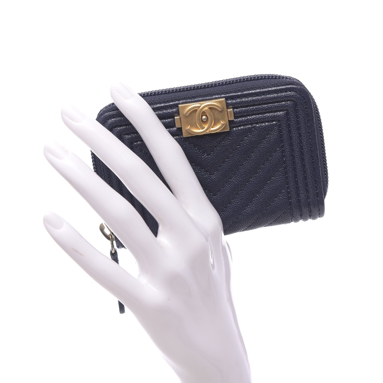 Chanel Caviar Chevron Quilted Boy Zip Around Coin Purse Wallet Navy Blue 2 of 8