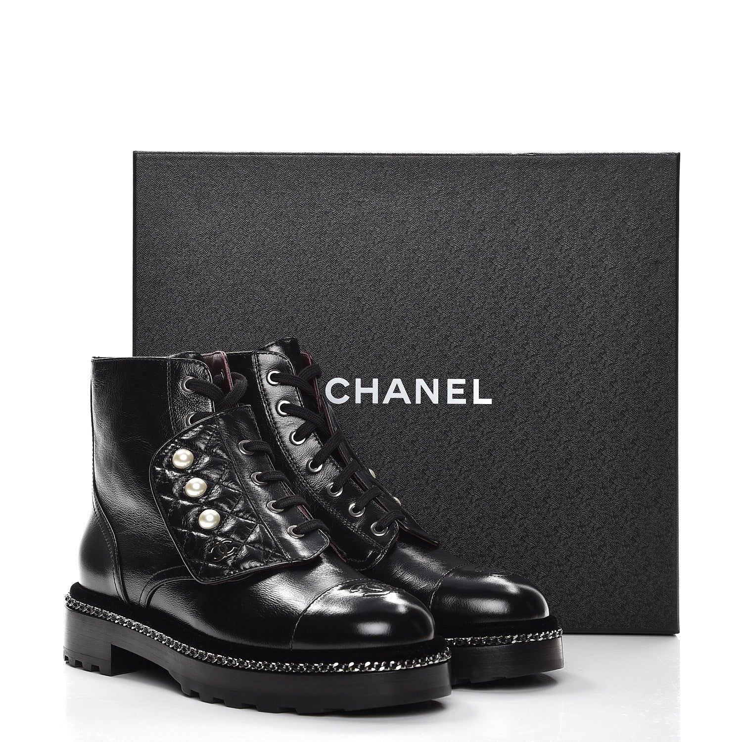 Chanel Crackled Calfskin Velvet Pearl Combat Short Boots 37.5 Black 8 of 8