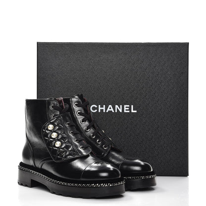 Chanel Crackled Calfskin Velvet Pearl Combat Short Boots 37.5 Black 8 of 8