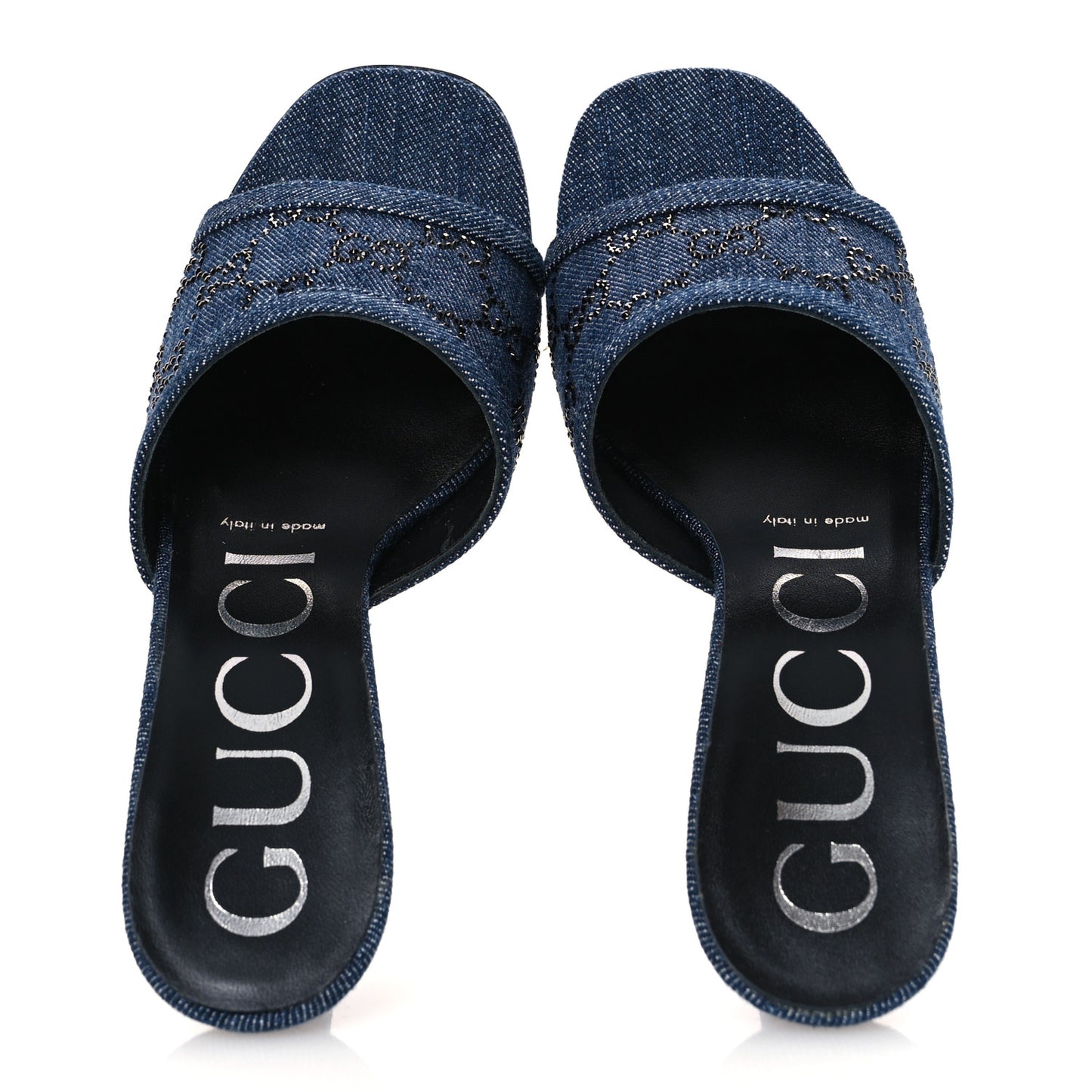 Denim Crystal GG Monogram Mules 37.5 Blue
