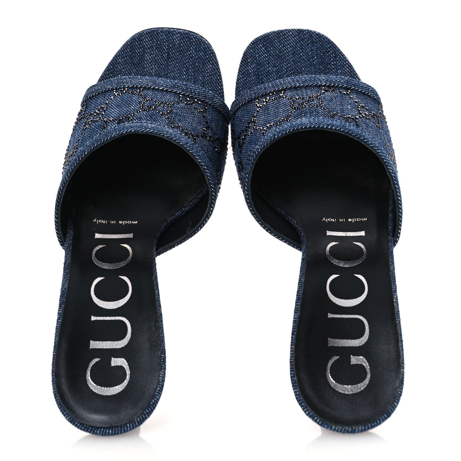 Gucci Denim Crystal GG Monogram Mules 37.5 Blue 2 of 11
