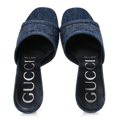 Gucci Denim Crystal GG Monogram Mules 37.5 Blue 2 of 11