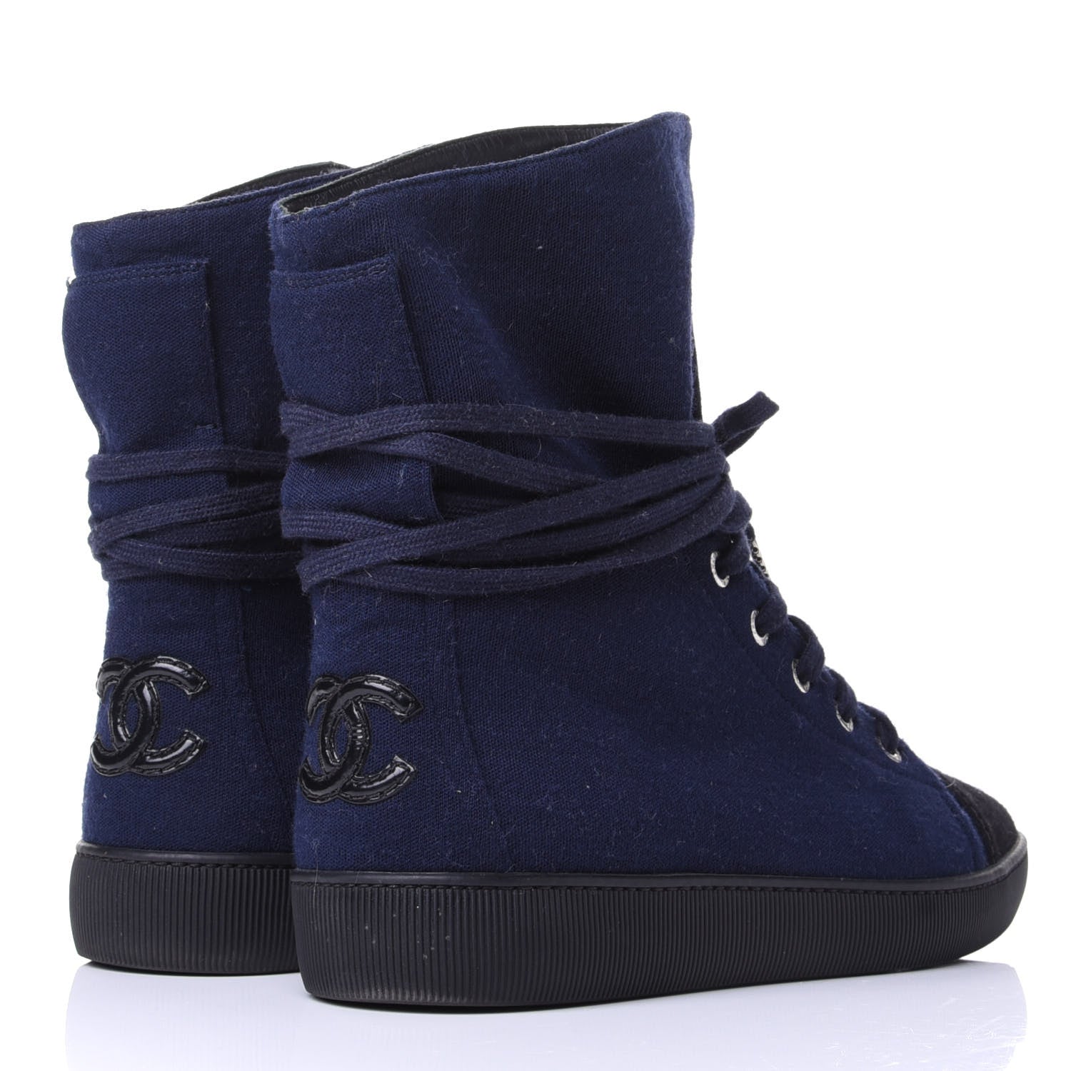 Chanel Jersey Lace Up High Top Sneakers 38.5 Black Navy 4 of 10