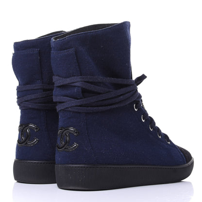 Chanel Jersey Lace Up High Top Sneakers 38.5 Black Navy 4 of 10