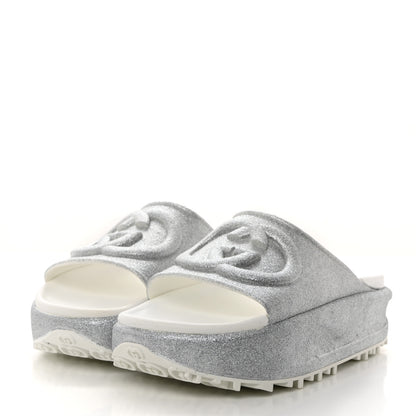 Gucci Glitter Rubber Womens Interlocking G Platform 42mm Slide Sandals 37 Silver 3 of 9