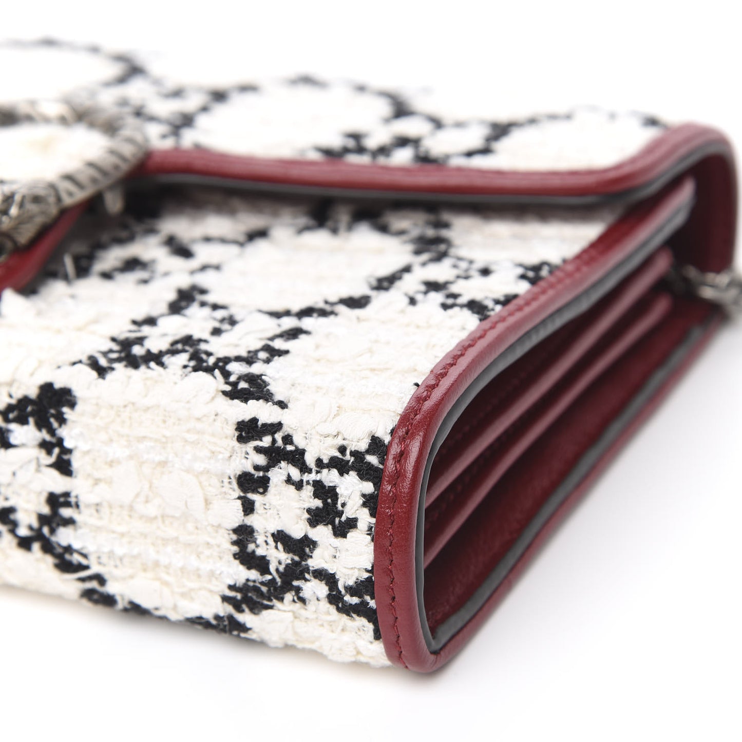 Tweed GG Monogram Mini Dionysus Chain Wallet White Black Romantic Cherry