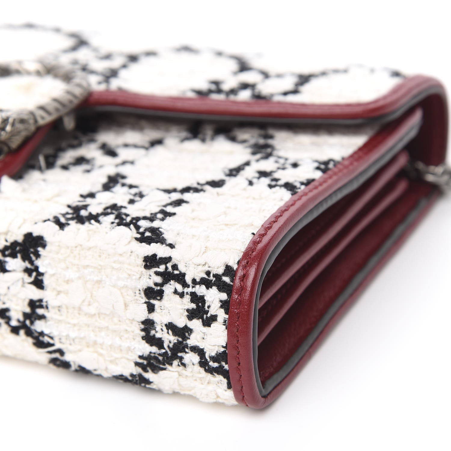 Gucci Tweed GG Monogram Mini Dionysus Chain Wallet White Black Romantic Cherry 9 of 10