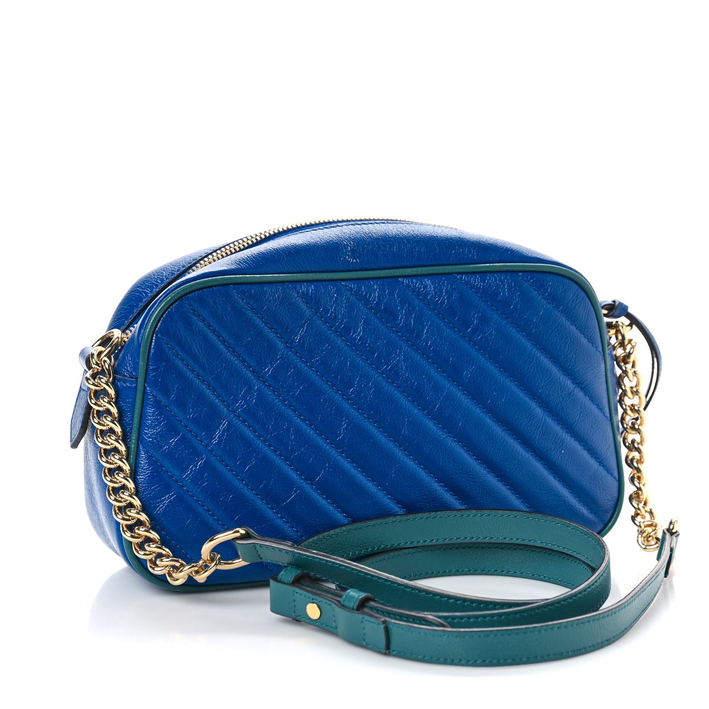 Azalea Calfskin Enamel Matelasse Diagonal Small Torchon GG Marmont Chain Shoulder Bag Imperial Blue Pavone