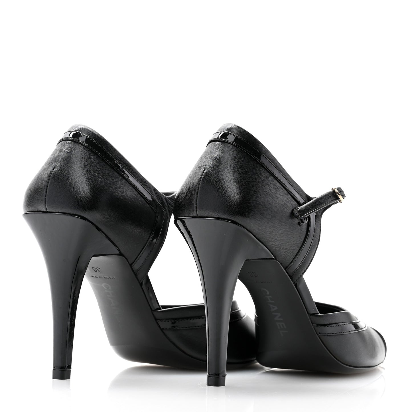Patent Calfskin CC Ankle Strap Pumps 38 Black