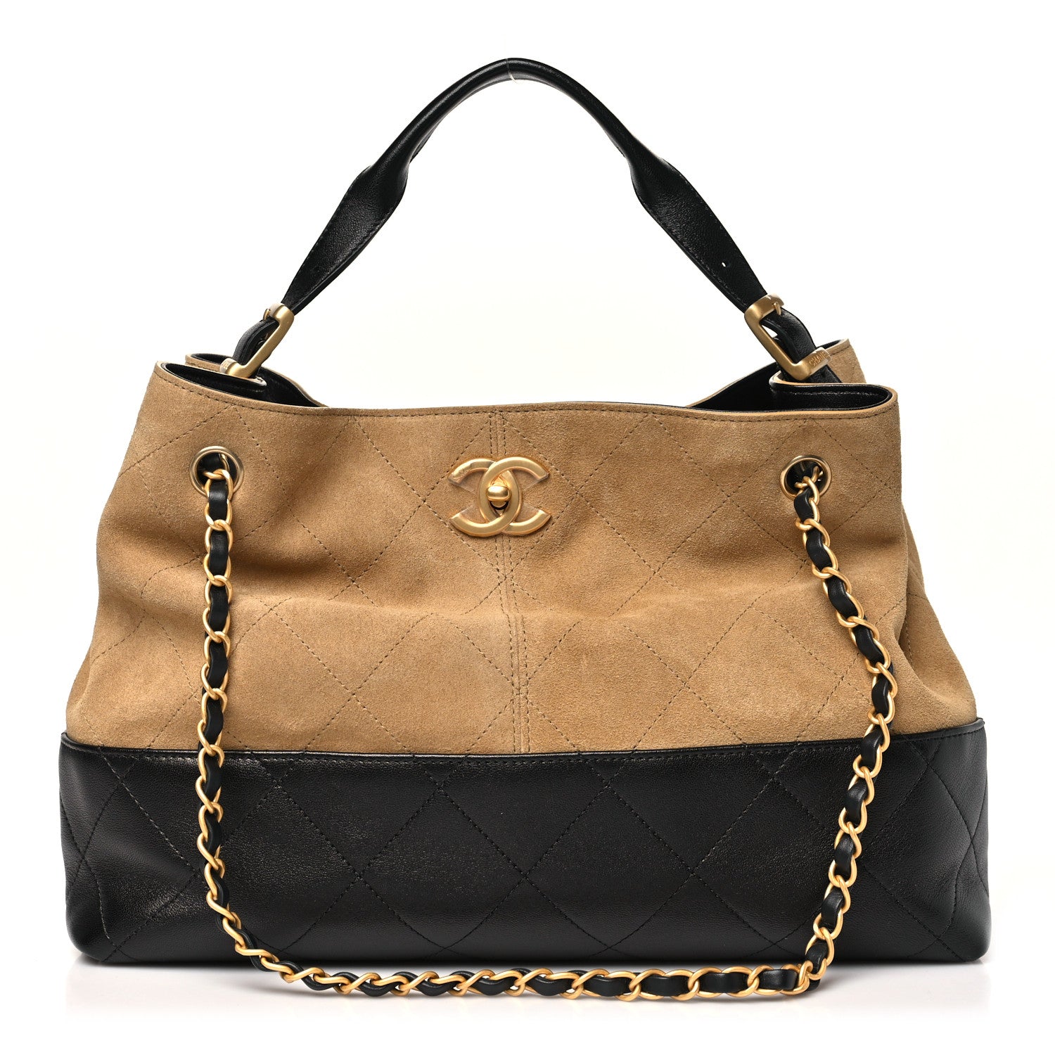 Chanel Suede Calfskin Shiny Lambskin Quilted Small Coco Base Shopping Bag Beige Black 1 of 10
